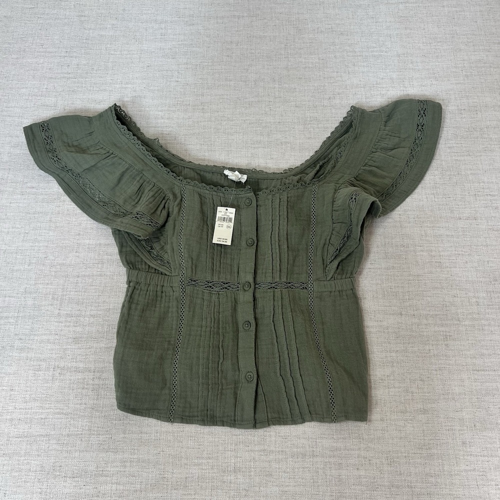 Aerie Women's XS Olive Green Gauze Button Front Peplum Blouse Lace Trim NWT